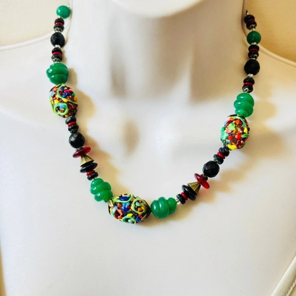 Vtg Confetti Glass Necklace Beaded Venetian Murano Art Deco Italy Colorful 17